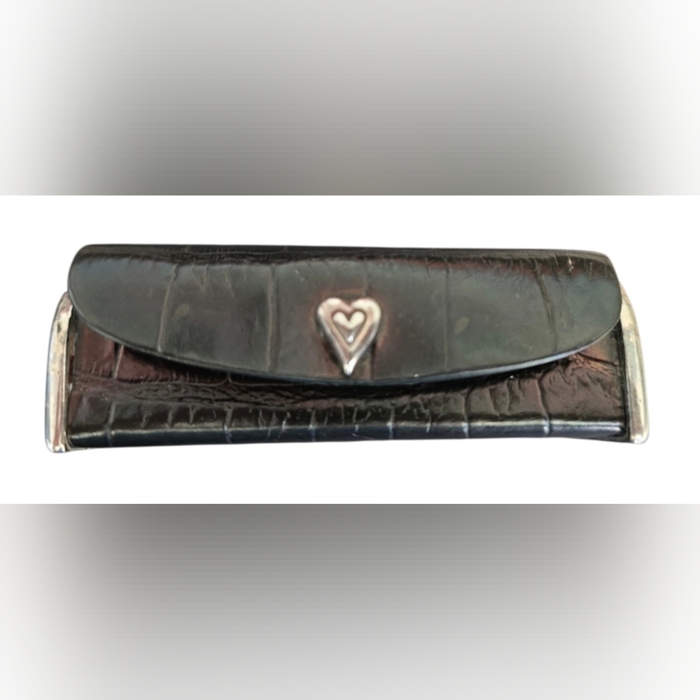 Vintage Brighton black croc-embossed leather lipstick case silver heart VGUC